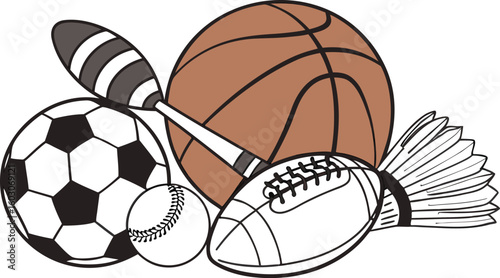 Sports Equipment. vector illustration of various sports balls and equipment arranged together on a white background.