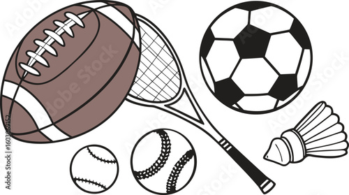 Sports Equipment. vector illustration of various sports balls and equipment arranged together on a white background.