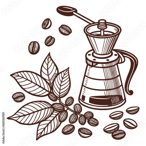 Coffee beans and pour over brewer leaves
