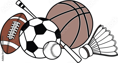 Sports Equipment. vector illustration of various sports balls and equipment arranged together on a white background.