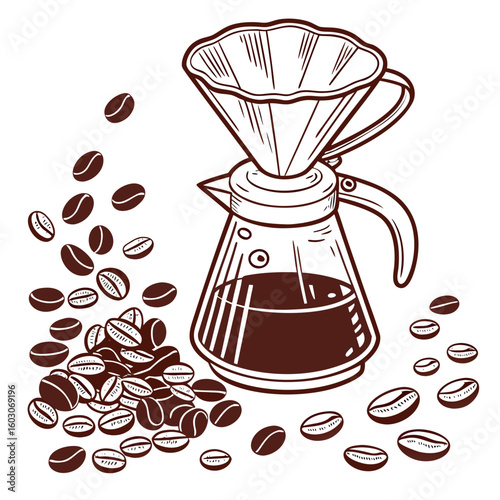 Pour over coffee maker and beans brewing drink