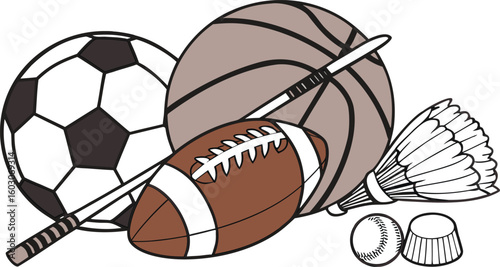 Sports Equipment. vector illustration of various sports balls and equipment arranged together on a white background.