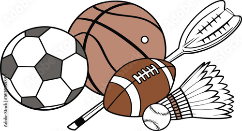 Sports Equipment. vector illustration of various sports balls and equipment arranged together on a white background.