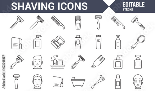 Personal Care Icons Featuring Shaving Tools and Grooming Equipment for Men