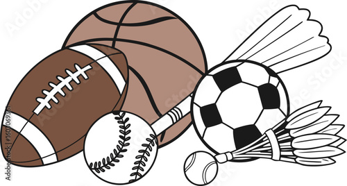 Sports Equipment. vector illustration of various sports balls and equipment arranged together on a white background.