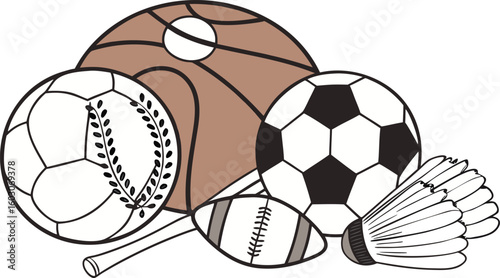 Sports Equipment. vector illustration of various sports balls and equipment arranged together on a white background.