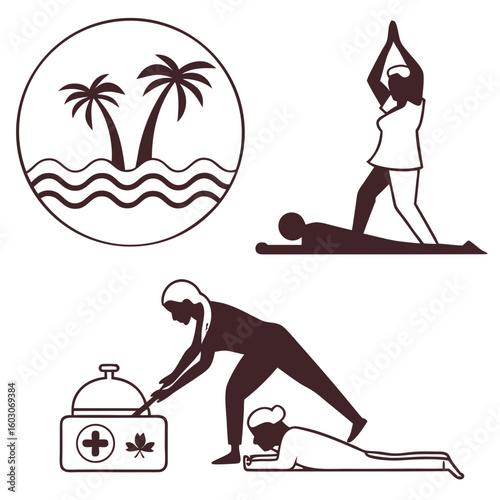 Tropical beach yoga and massage icons palm trees