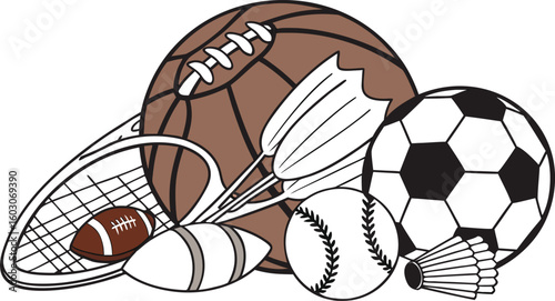 Sports Equipment. vector illustration of various sports balls and equipment arranged together on a white background.