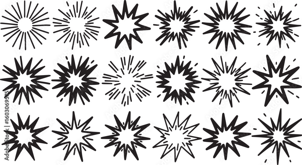 Collection of hand drawn starbursts and explosions in black and white