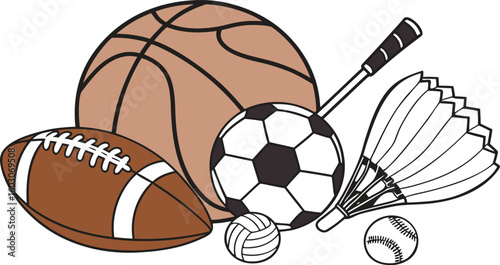 Sports Equipment. vector illustration of various sports balls and equipment arranged together on a white background.