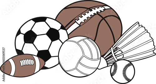 Sports Equipment. vector illustration of various sports balls and equipment arranged together on a white background.