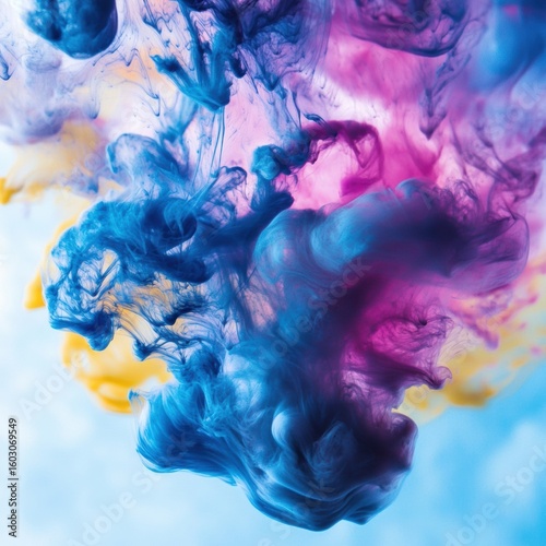 Swirling clouds of blue, purple, and yellow ink blend together in a mesmerizing, abstract underwater display of fluid motion and vibrant colors.