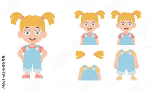 Cartoon illustration of a happy blonde girl in overalls, with separate body parts and clothing for customization.