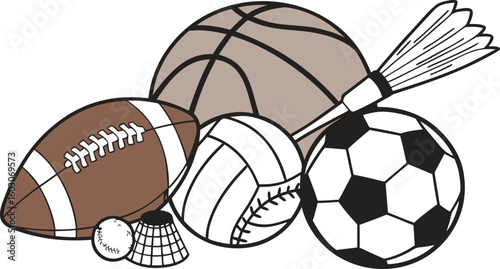 Sports Equipment. vector illustration of various sports balls and equipment arranged together on a white background.