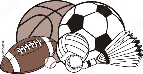 Sports Equipment. vector illustration of various sports balls and equipment arranged together on a white background.