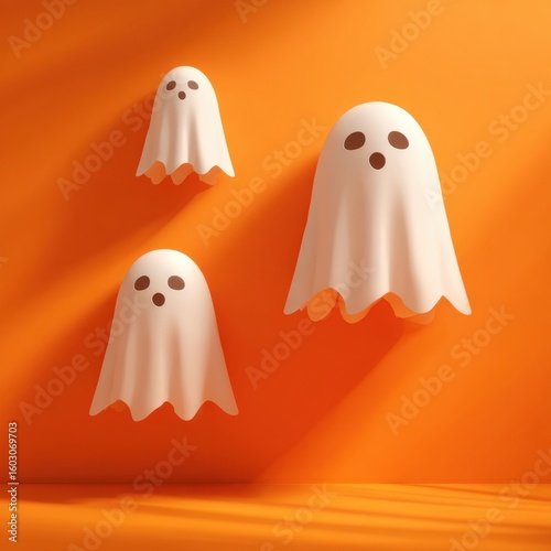 Three white cartoon ghosts with surprised faces float against a bright orange background with soft shadows.