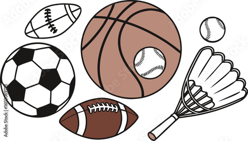 Sports Equipment. vector illustration of various sports balls and equipment arranged together on a white background.