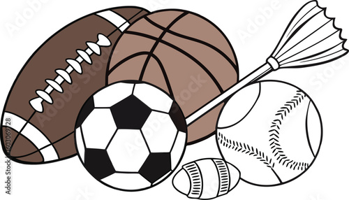 Sports Equipment. vector illustration of various sports balls and equipment arranged together on a white background.