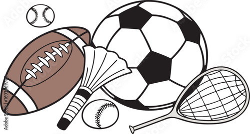 Sports Equipment. vector illustration of various sports balls and equipment arranged together on a white background.