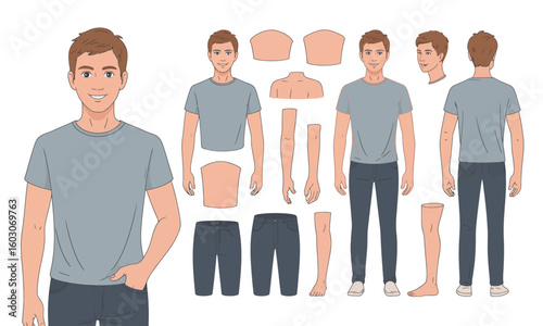 Illustration of a man in a t-shirt and pants, with separate body parts shown for customization or design purposes.