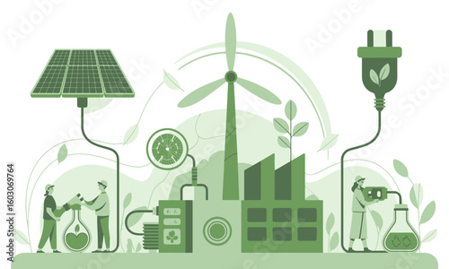 Illustration depicting renewable energy sources, including solar panels, a wind turbine, and a factory, with scientists conducting experiments.