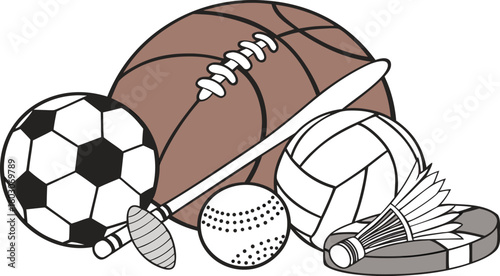 Sports Equipment. vector illustration of various sports balls and equipment arranged together on a white background.