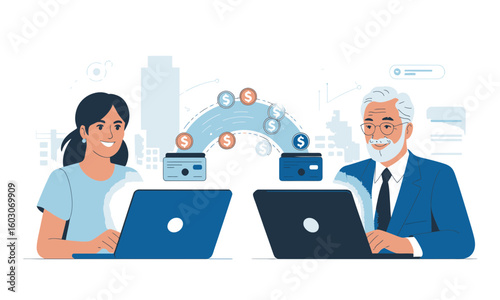 A young woman and an older man are transferring money online using laptops and credit cards, with a city skyline in the background.