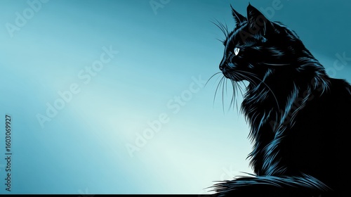 A sleek black cat with piercing eyes looks intently to the right against a soft blue background.