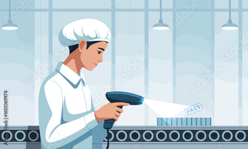 Worker in cleanroom attire scans product on a conveyor belt in a modern factory setting.