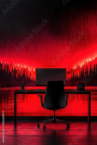 A modern desk setup with a computer and chair, backlit by a vibrant red and black forest mural, creating a dramatic and immersive workspace atmosphere.