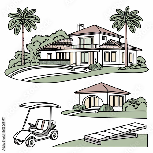 Resort lifestyle elements with houses and golf cart