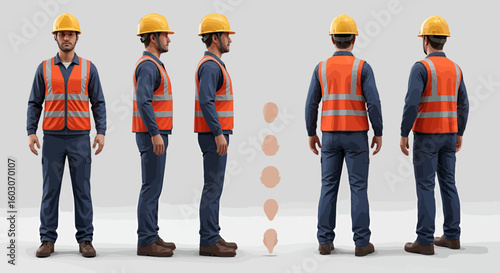 Five views of a construction worker wearing a hard hat and safety vest, showcasing front, side, and back perspectives, with face shape examples.