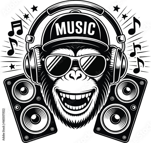 Cool monkey dj with headphones and speakers
