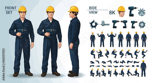 Illustration of a construction worker in various poses and angles, wearing a yellow hard hat and holding a drill, shown in front and side views.