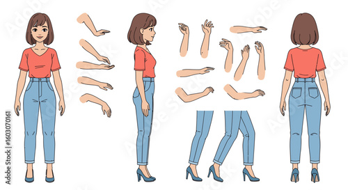Cartoon woman character in various poses and with separate arms and legs for animation, shown from front, side, and back views.