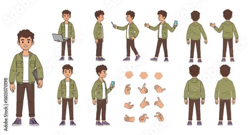 Cartoon character sheet showing a young man in various poses, holding a laptop and phone, with interchangeable hand gestures.