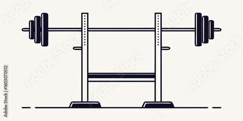Gym bench press station with barbell weightlifting