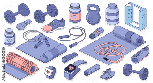 Isometric illustration of fitness and workout equipment including dumbbells, protein supplements, yoga mat, jump rope, smart watch, and athletic shoes.