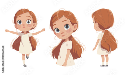 Three views of a cartoon girl with red hair wearing a white dress, shown from front, side, and slightly angled perspectives.