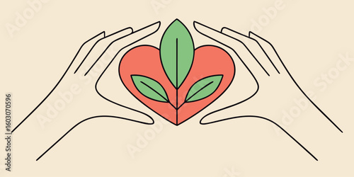 Hands holding heart with leaves leaf green
