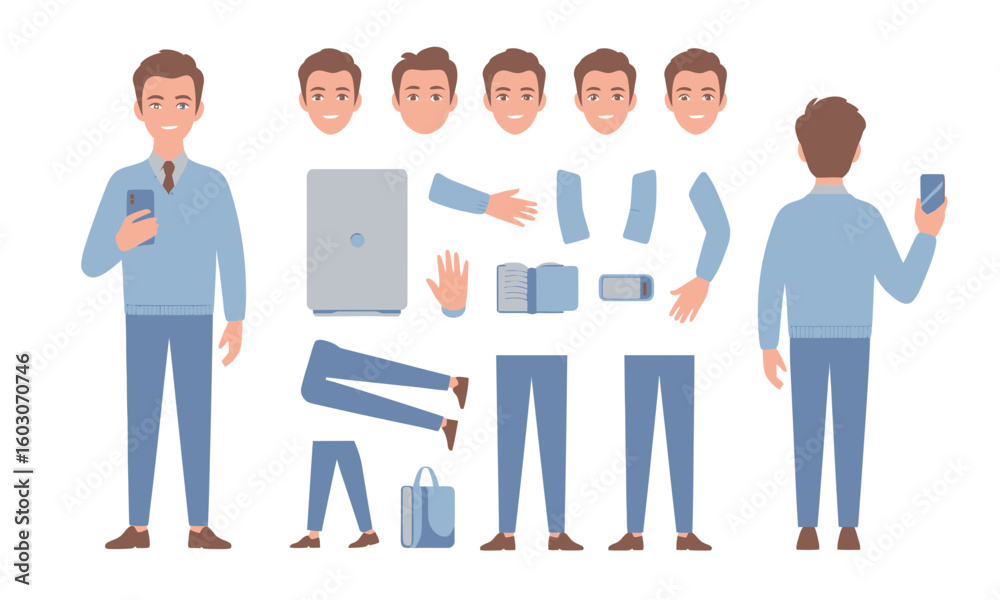 Cartoon man character kit, with various heads, arms, legs, torso, and accessories like a laptop and phone for animation and customization. Cartoon man character kit, with various heads, arms, legs, torso, and accessories like a laptop and phone for animation and customization.