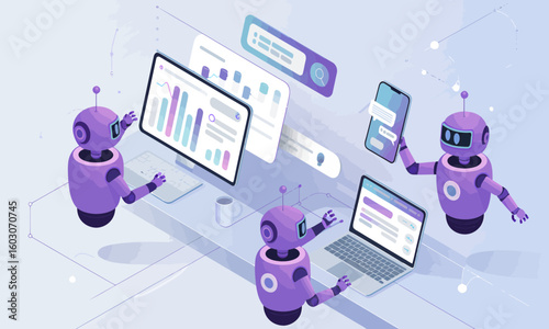 Three cartoon robots interact with digital devices displaying data, charts, and messages in a modern, technological environment.