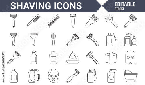Icon Collection of Shaving Equipment, Razors, and Grooming Tools for Men