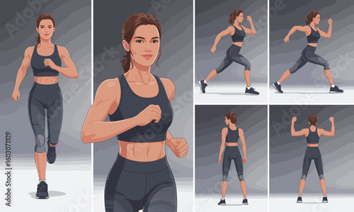 Woman in athletic wear demonstrating various exercise poses and running motions, showcasing a fitness routine.