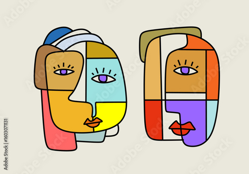 Abstract cubist illustration of two colorful human faces composed of geometric shapes and bold outlines.