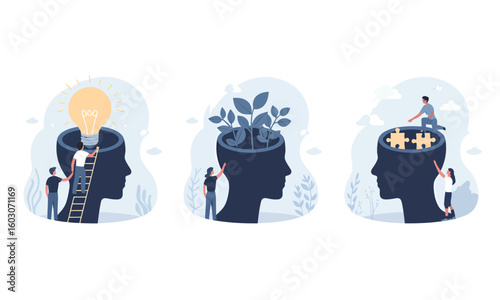 Three illustrations depicting human head silhouettes with internal concepts: idea generation via lightbulb, growth with plants, and problem-solving with puzzle pieces.