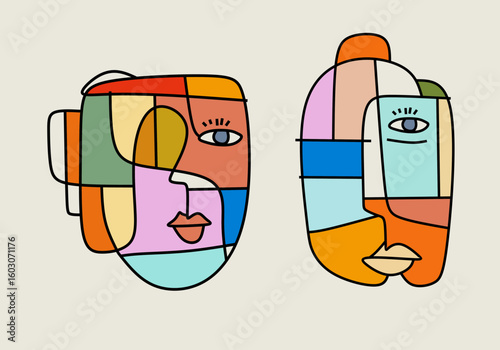 Abstract cubist illustration of two colorful human faces composed of geometric shapes and bold outlines.