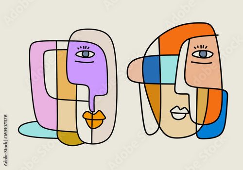 Abstract cubist illustration of two colorful human faces composed of geometric shapes and bold outlines.
