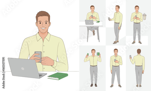 Illustration of a man in various poses using a smartphone and laptop, including sitting at a desk, standing, and holding documents.