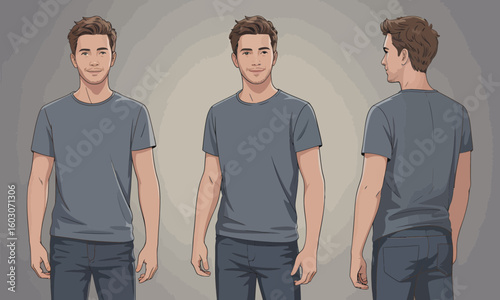Illustration of a young man in a gray t-shirt and jeans, shown in front, side, and back views against a gray background.